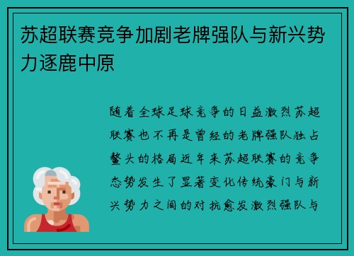 苏超联赛竞争加剧老牌强队与新兴势力逐鹿中原